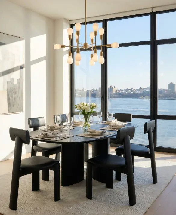 Dining table and chairs in blackened ash