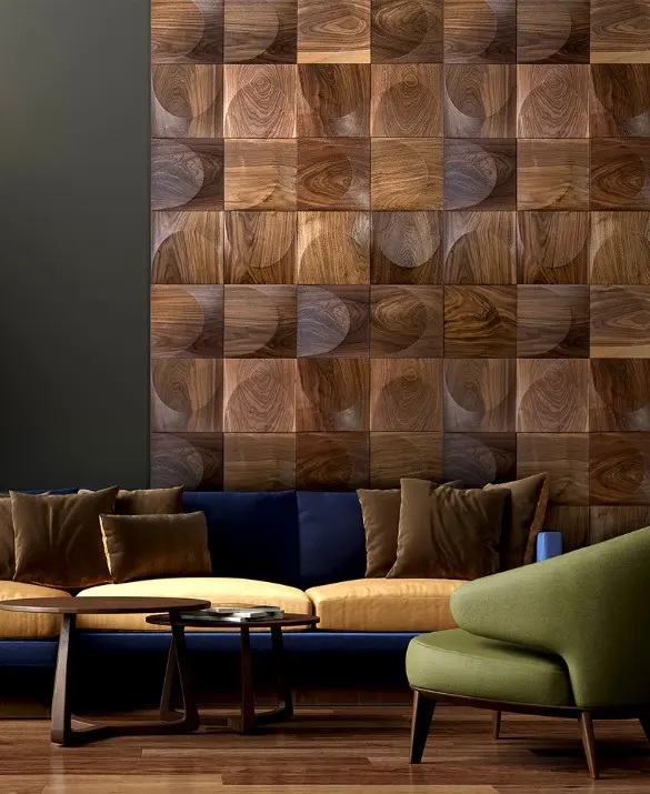 Accent wall with wood panels creating a dramatic and welcoming living room look.
