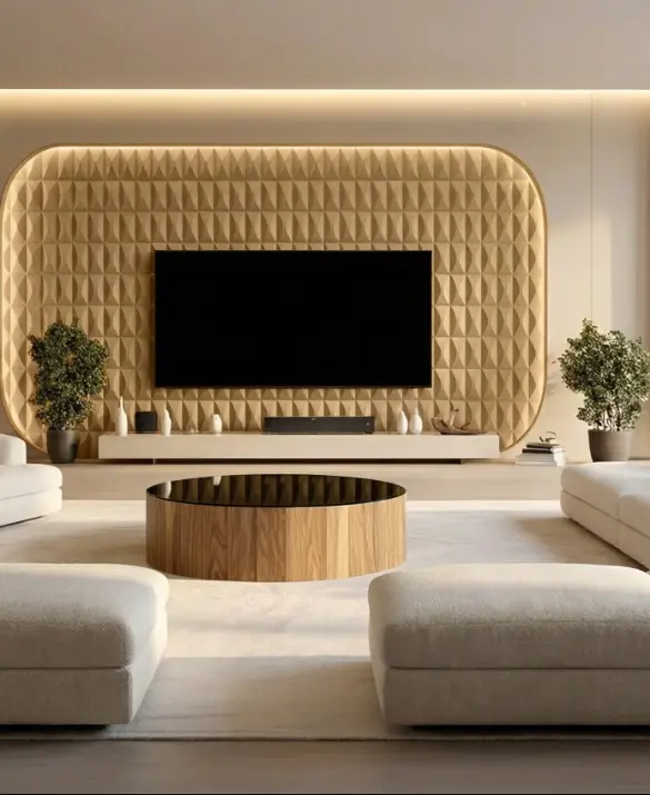Luxury symmetrical living room featuring a large rounded wall niche with 3D oak wood diamond panels, a wall-mounted TV, and cream modular sofas.