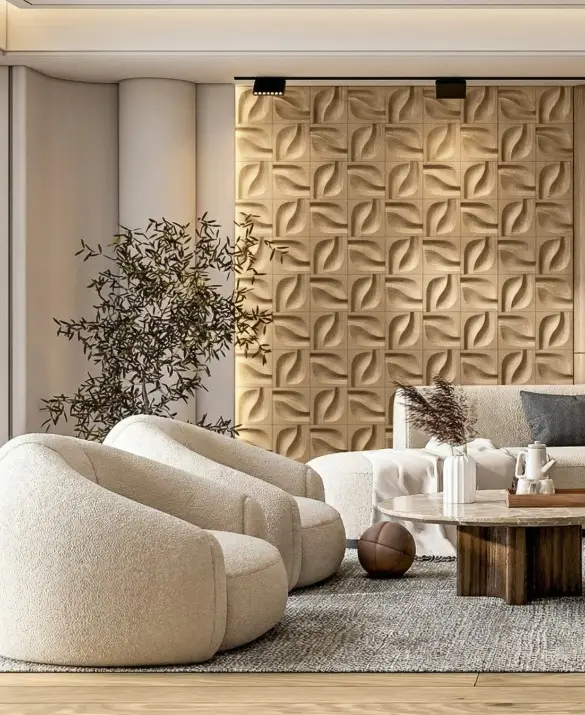 Modern bright living room featuring a sculptural 3D oak wood panel accent wall with an organic pattern, curved armchairs, and LED lighting.