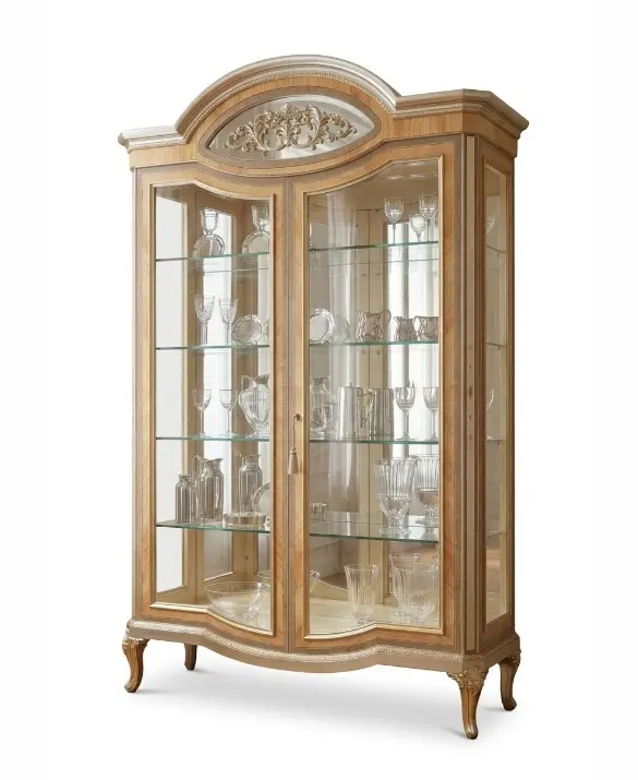 Marzorati Agnes 2-door display cabinet in maple and olive wood, neoclassical style.
