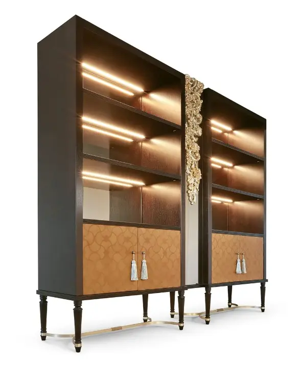 Libreria doppia classica di lusso collezione Flora Marzorati in legno intagliato con ripiani a giorno