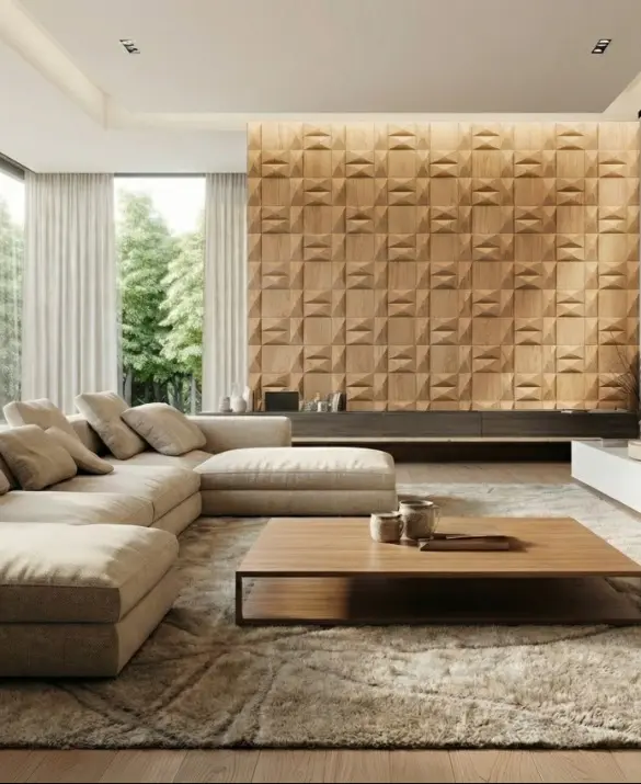 Modern luxury living room featuring a large corner sofa, a forest view, and a decorative 3D oak wood panel TV accent wall.
