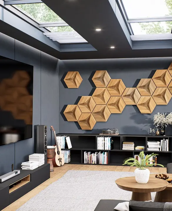 Modern luxury living room featuring a dark grey wall with an installation of acoustic hexagonal oak wood panels, large sofa and TV.