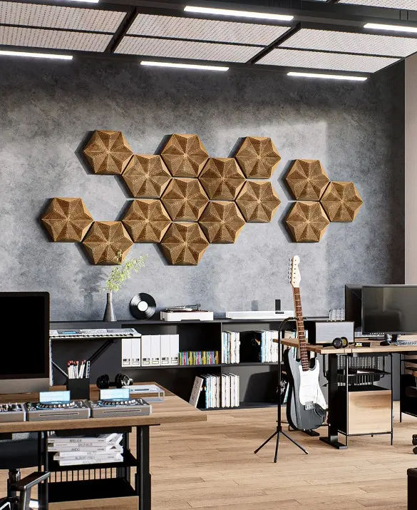 Professional recording studio featuring an industrial concrete wall with an installation of acoustic hexagonal oak wood panels.