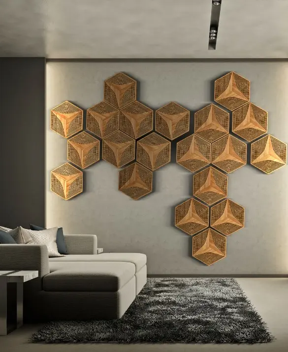 Modern Hi-Fi listening room featuring 3D oak acoustic panels in Hexagon pattern on a white wall, with white floorstanding speakers and audio amplifier.