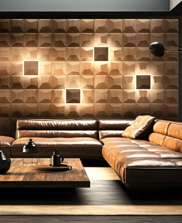 Exclusive living room design featuring 3D oak wood wall panels with integrated square spotlights and a premium leather sofa.