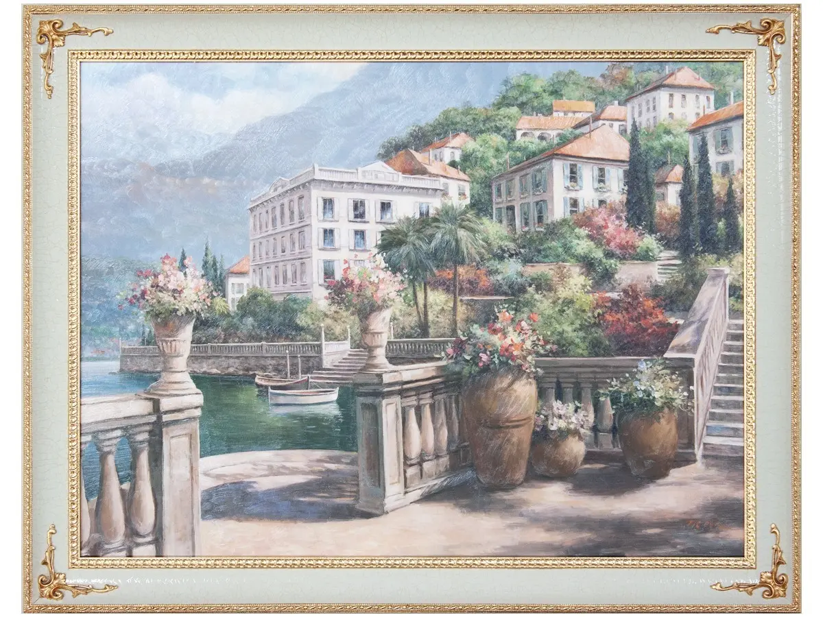 Incorniciata con eleganza questa vista del lago di Como cattura la magia del paesaggio. La cornice avorio, con bordo interno ed esterno finemente lavorato e dorato a foglia, esalta luce e profondità, trasformando l'opera in un gioiello da ammirare.
