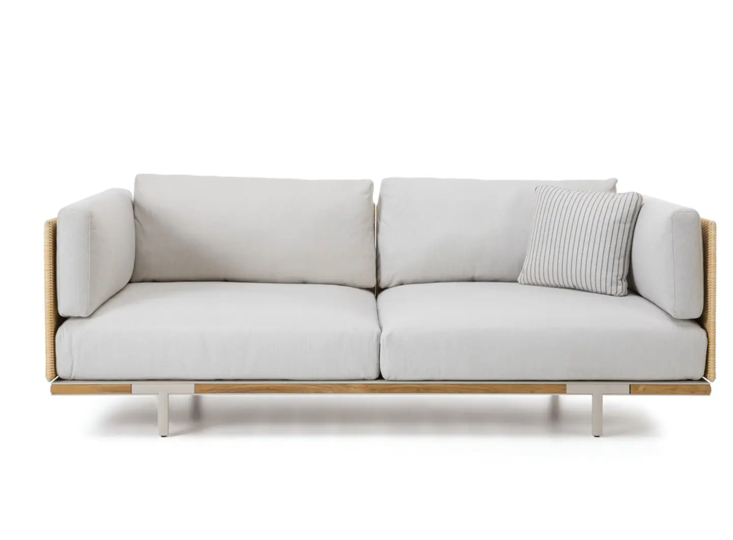Baia Natural XL sofa with fibre structure and natural teak and aluminium details.