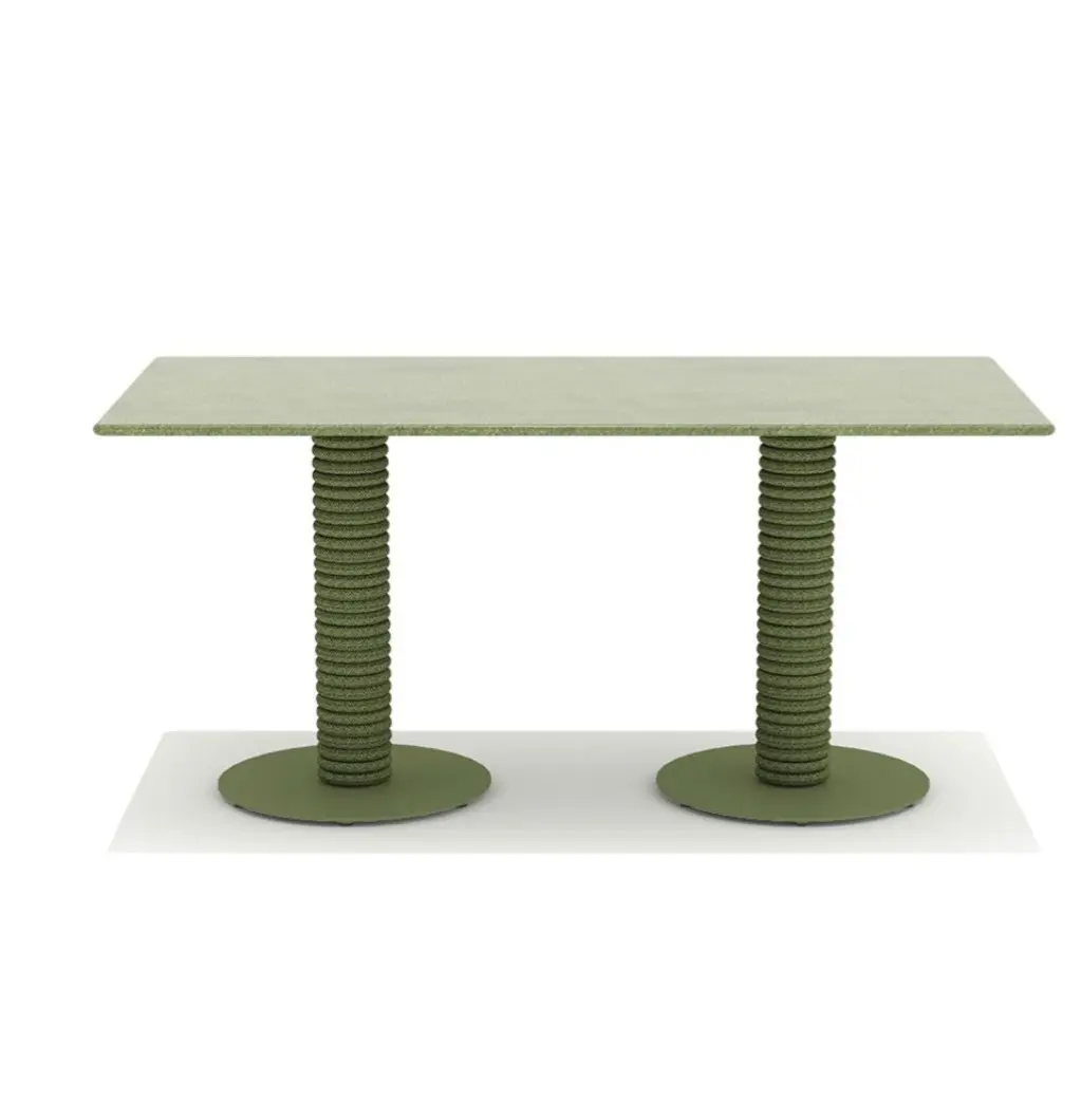 Noon table with rectangular stone top and double green rope base.