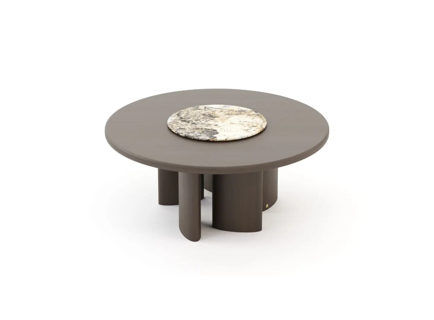 The Dolomites Round Dining Table appears as a round dark wood table with a central marble inlay in beige, white, and gray tones, standing on curved wooden legs arranged radially to create a sculptural base.