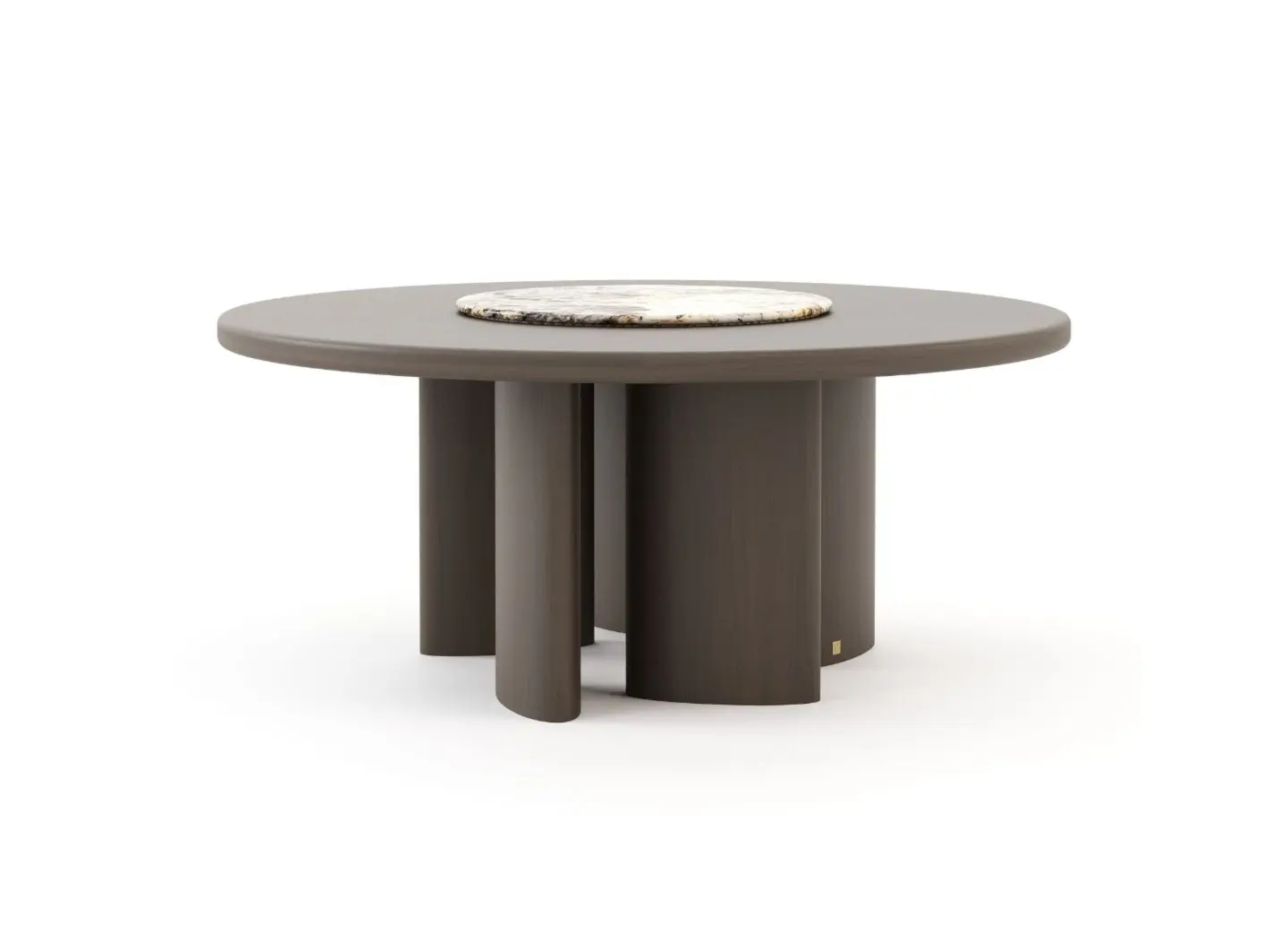 The Dolomites Round Dining Table is shown as a dark wooden round table with a smooth top and a light marble center inlay, supported by multiple cylindrical legs arranged in a circular formation, highlighting its sculptural and contemporary design.