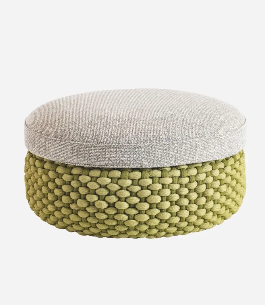 Pouf with Fine Grass rope weaving and White/Green bouclé cushion.