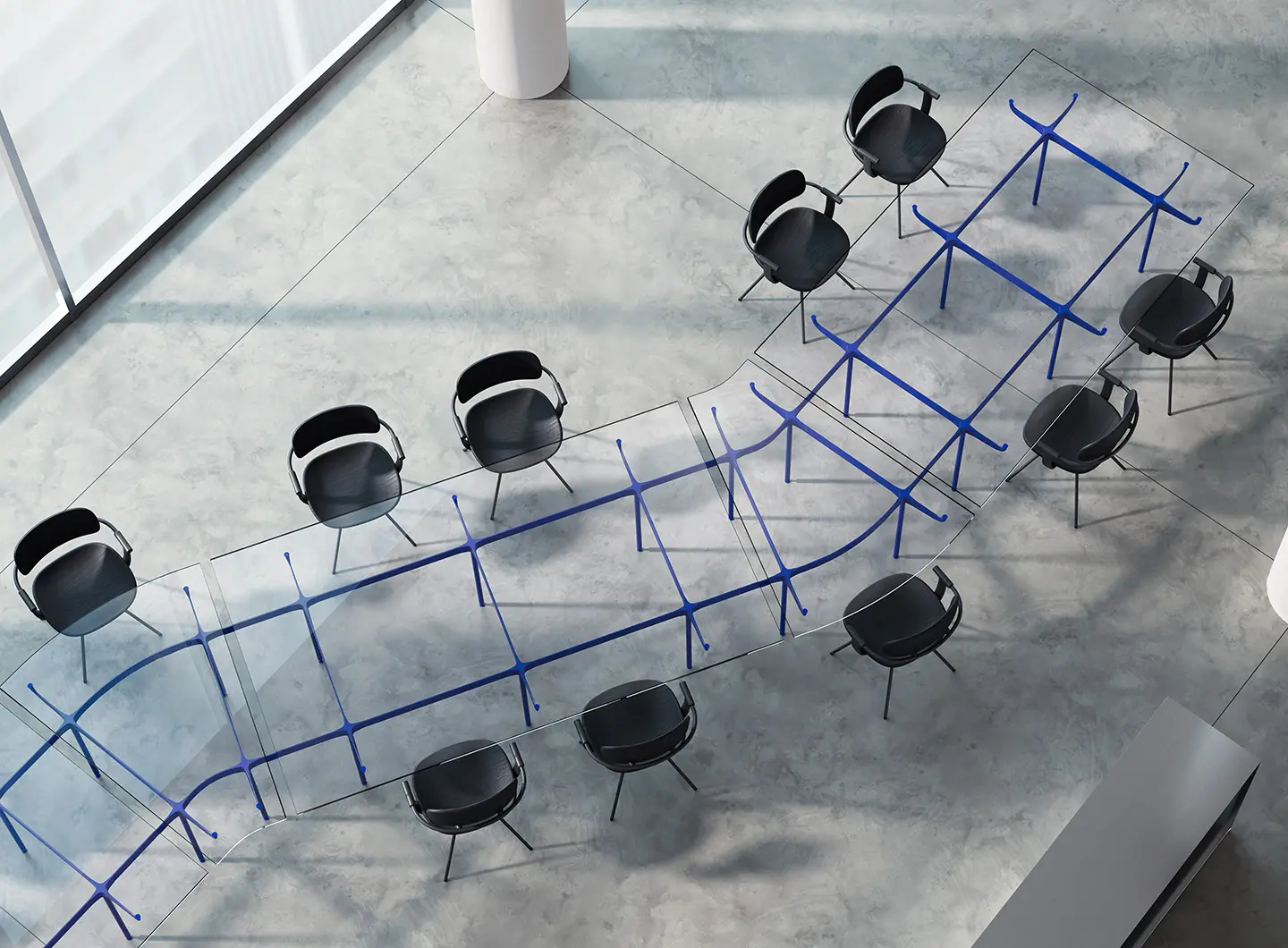 CONNEXA, design Rodolfo Agrella. Glass-top table system with organic steel frame and expandable configurations.