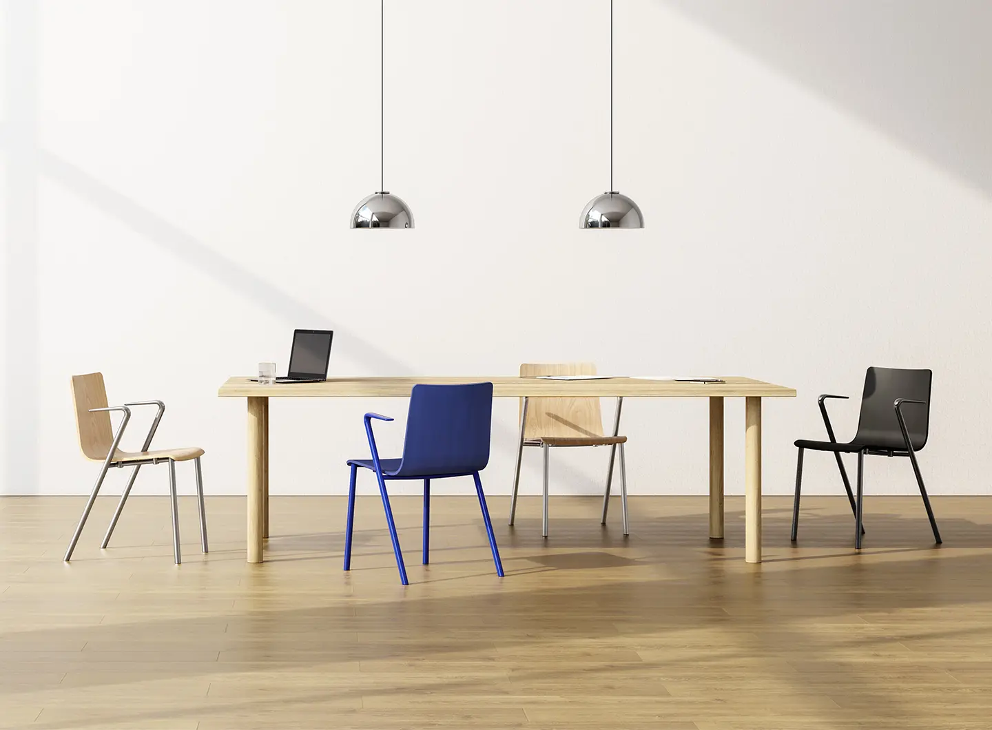 HAKUSAN, design Industrial Facility (Sam Hecht & Kim Colin). Stacking chair in steel, die-cast aluminium, and press-moulded plywood.