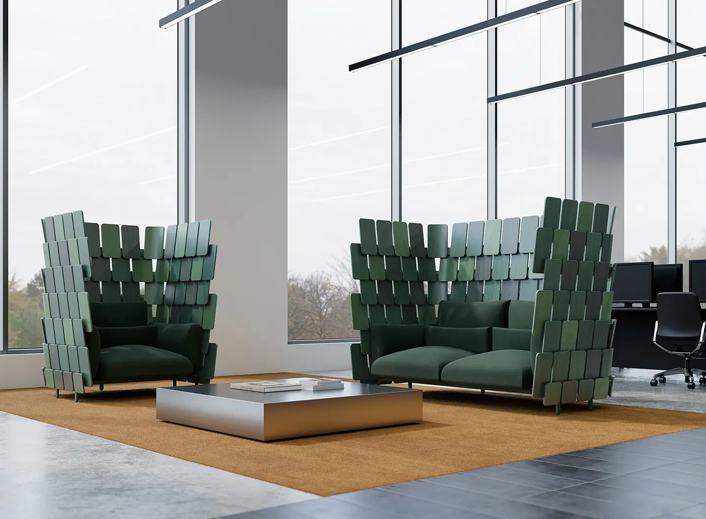 PIGNA, design AMDL CIRCLE – Michele De Lucchi. Modular divider and sofa system with shingle-like wood panels.