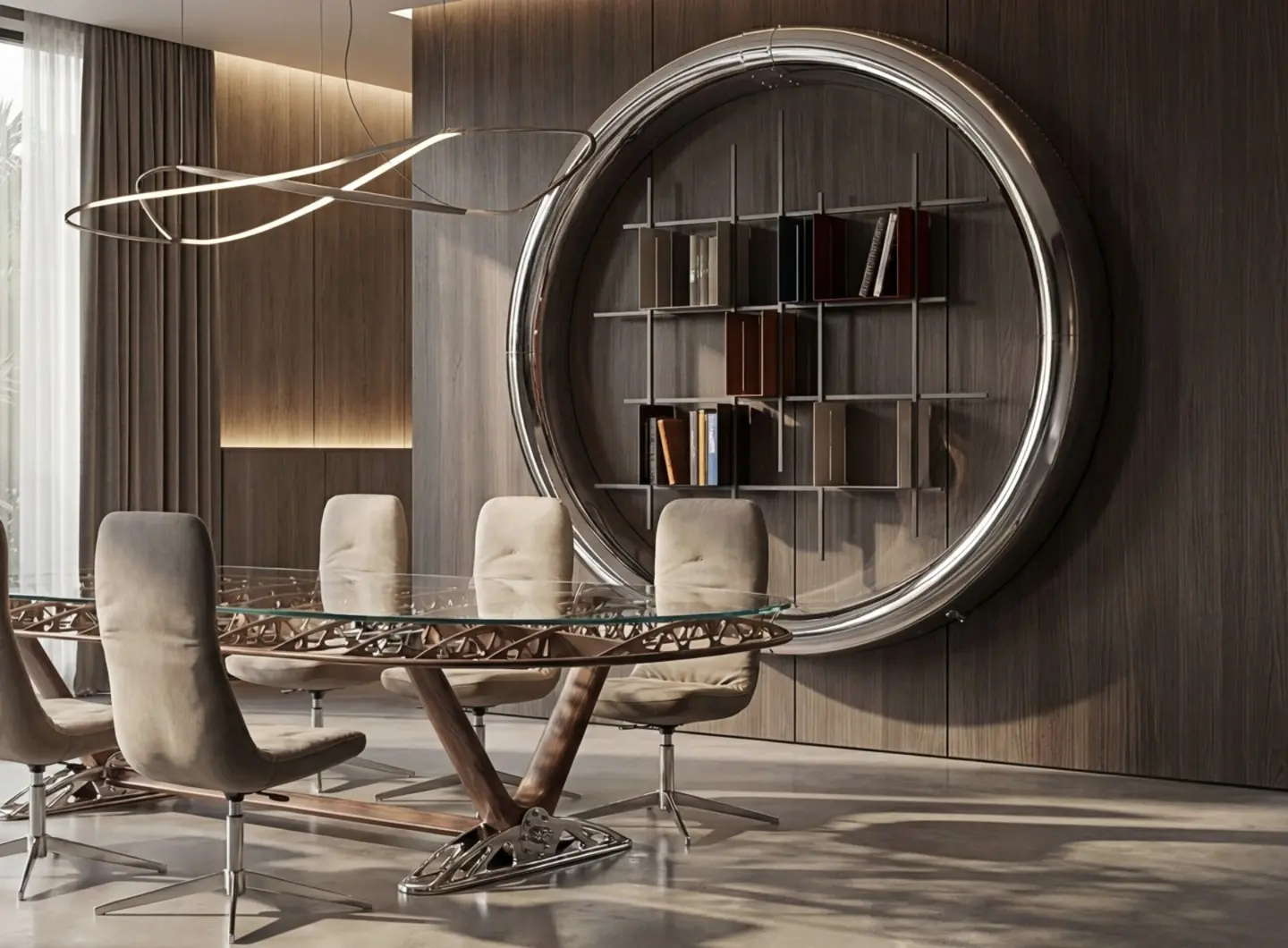 Sala da pranzo Arteinmotion con tavolo in vetro e struttura ispirata all’aviazione, sedute imbottite e libreria circolare dal design aeronautico.