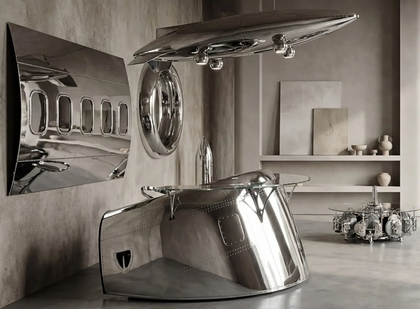 Arteinmotion reception desk made from an aircraft engine cowling, with glass top and polished aluminium elements in a contemporary luxury interior.