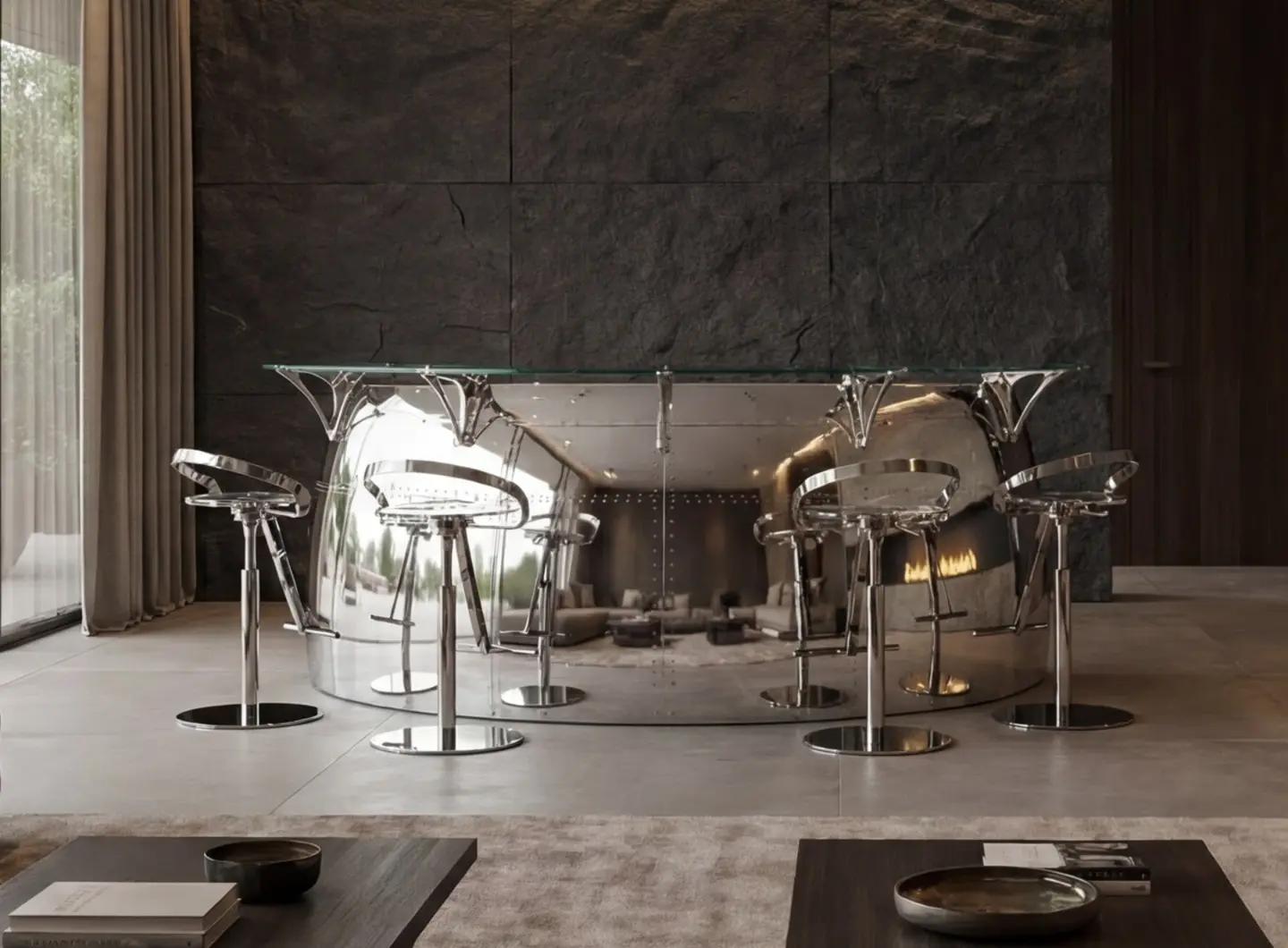 Reception Arteinmotion in alluminio lucido con top in vetro e sedute coordinate, arredo di lusso Made in Italy ispirato a autentiche parti di aereo.