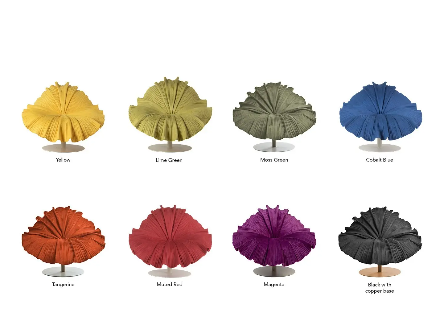 The KENNETHCOBONPUE Bloom Easy Armchair comes in eight standard colors. From left to right, starting from the top to bottom: Yellow, Lime Green, Moss Green, Cobalt Blue, Tangerine, Muted Red, Magenta, and Black (with a copper base)