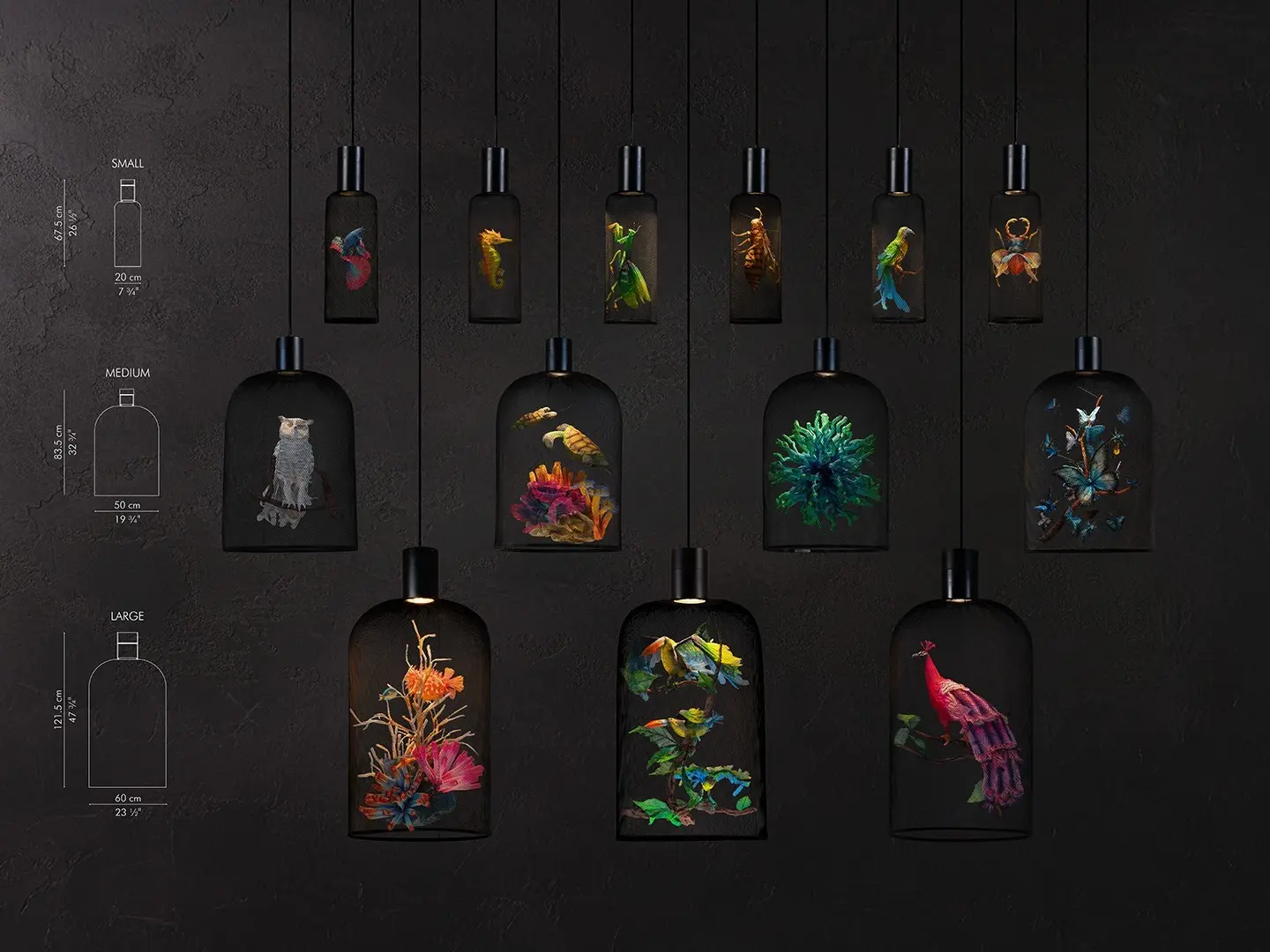 CURIO Hanging Lamps sizes and variants. From left to right, the small-sized CURIOs are: Betta Fish, Seahorse, Praying Mantis, Bee, Parrot, Beetle. The medium-sized CURIOs from left to right: Owl, Turtle, Coral, Butterfly. Lastly, the large CURIOs from left to right: Seascape, Toucan and Pheasant.