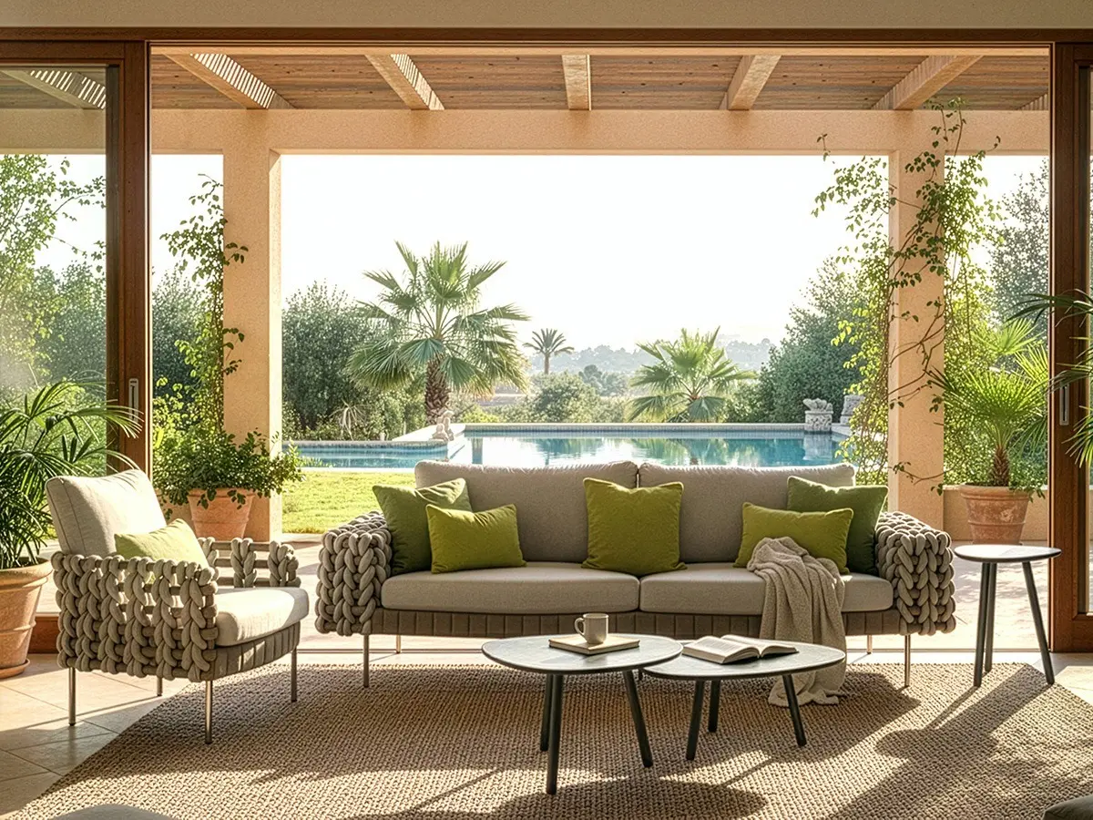Plush, lovely braids wrap around the frame of the FRIDA Sofa and FRIDA Easy Armchair, offering comforting cushions to lounge upon outside a warm, sunny day.