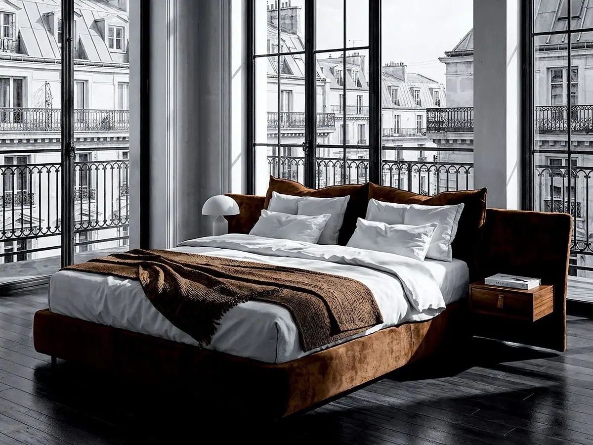 Bed with integrated USB ports and built-in step lights.