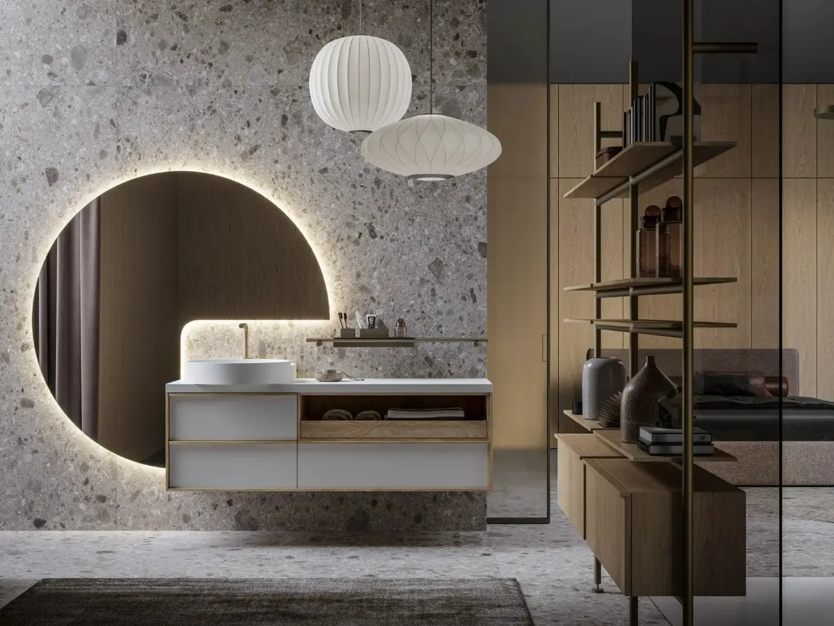 Bathroom Sartus. Natural oak wood. Matte white lacquer. Teknorit matte white. Titanium metal.