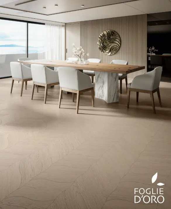 pavimento in legno di rovere sbiancato a forma di petalo