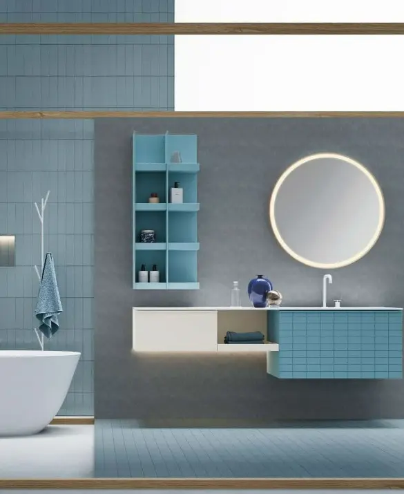 Bloom bathroom. Vanity unit with Tile door and Zig handle in matte turquoise lacquer, open base unit and side unit with smooth door in matte platinum lacquer. Washbasin top in matte white Teknorit. Round Bloom mirror with curved metal frame in matte white lacquer with perimeter LED lighting. Open wall unit in matte turquoise lacquer.