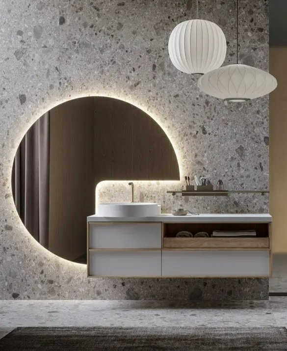 Bathroom Sartus. Natural oak wood. Matte white lacquer. Teknorit matte white. Titanium metal.