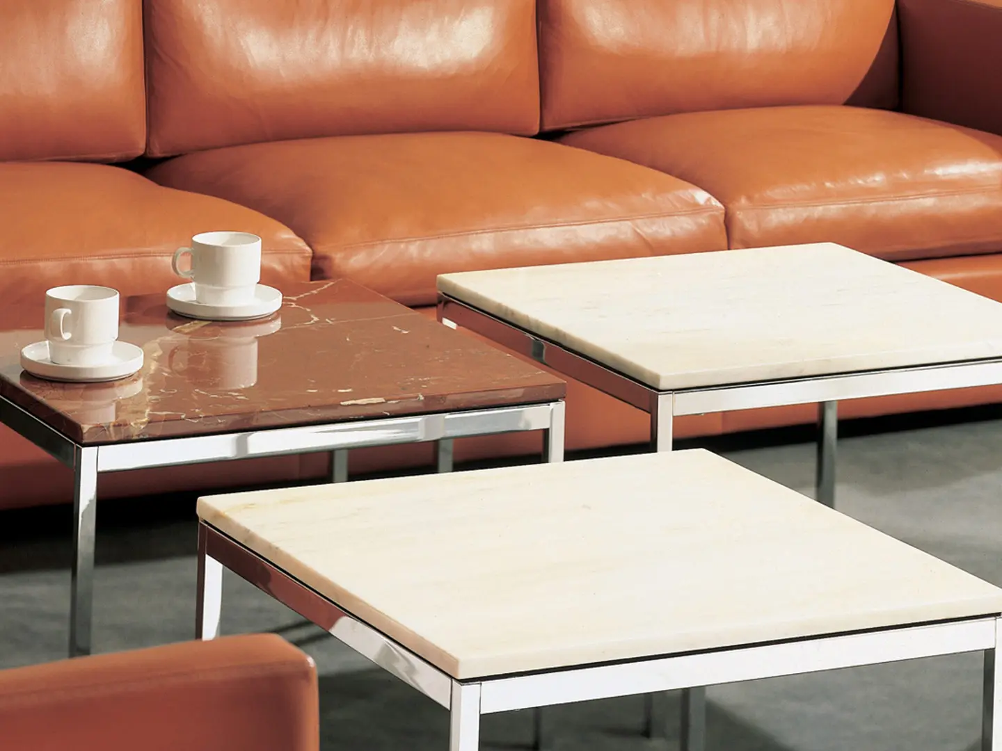 The Pfister sofa paired with a ‘classic’ square marble coffee table by Florence Knoll