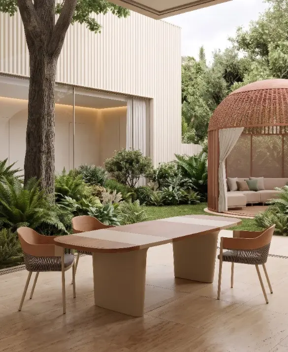A modular design for an intelligent table, created to meet the needs of a world seeking sustainable and innovative solutions. The table’s supporting structure is composed of a single die-cast aluminum module, providing stability, lightness, and a seamless, elegant form. By adding additional modules and extending the teak tops, the table can reach larger dimensions while ensuring easier storage, transport, and recycling.