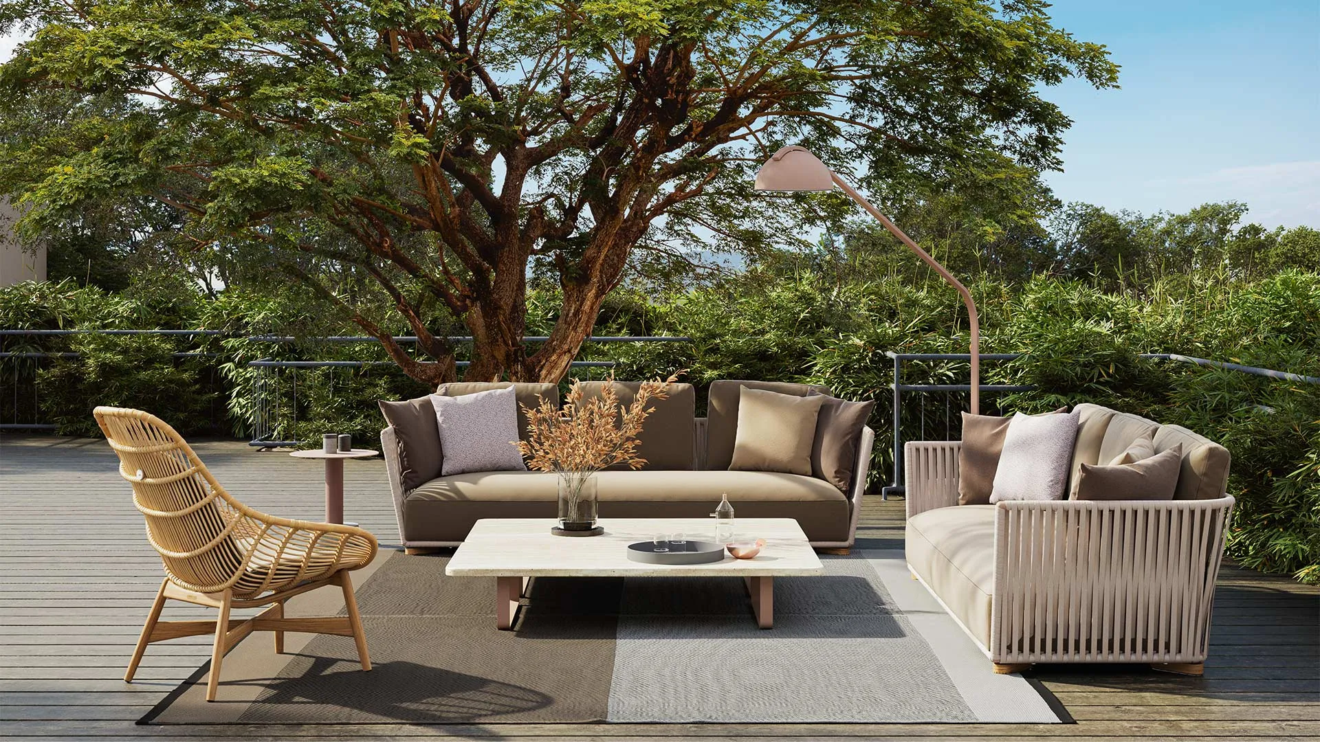 outdoor living room, couch, chairs, carpet, lamp, terrace