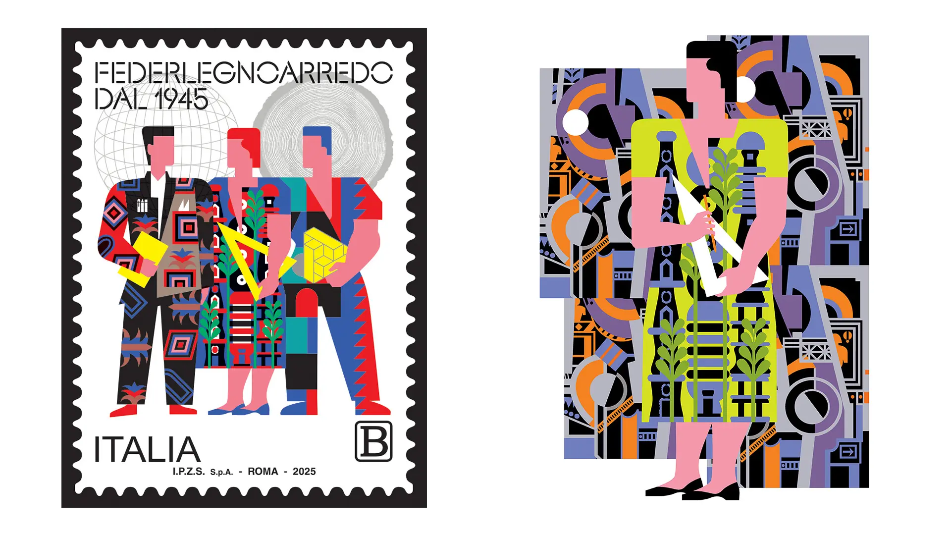 Francobollo FederlegnoArredo, Dedicato a FederlegnoArredo nella serie tematica “Le eccellenze del sistema produttivo e del Made in Italy”, Courtesy FederlegnoArredo - Manifesti Mostra Federlegnoarredo “La Filiera delle Meraviglie”, Opere grafiche realizzate da Mauro Bubbico, Courtesy FederlegnoArredo