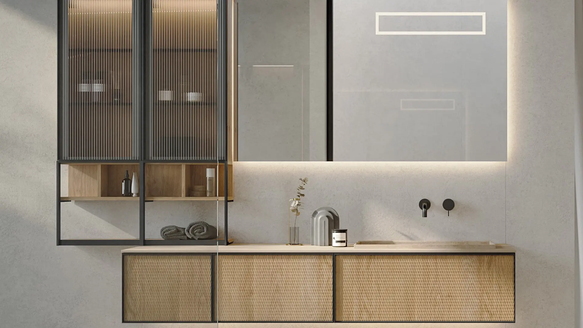 Composizione arredo bagno Quari, collezione che con la sua eleganza preziosa e senza tempo, fonde contemporaneità e tradizione, omaggiando materiali e mestieri tipici dell’antica Venezia. 