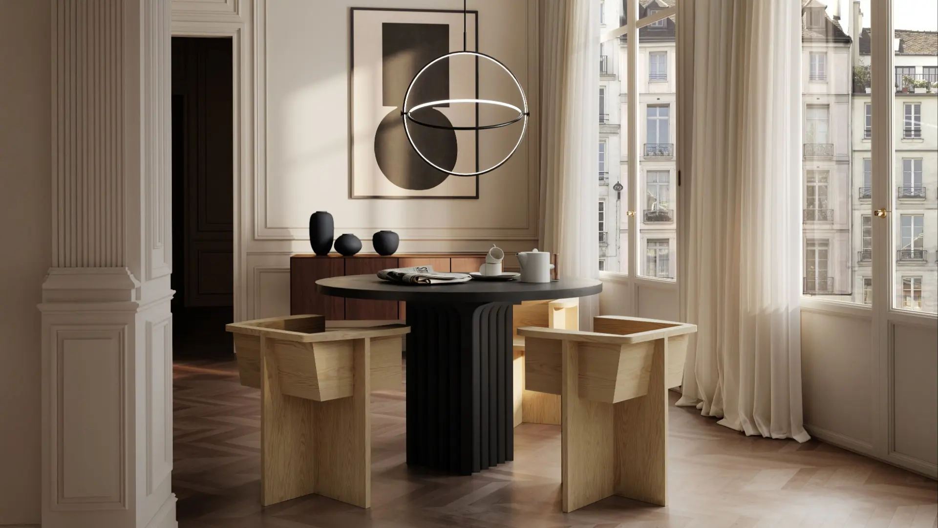 101 Copenhagen new collection including chandelier, chair and coffee tables.