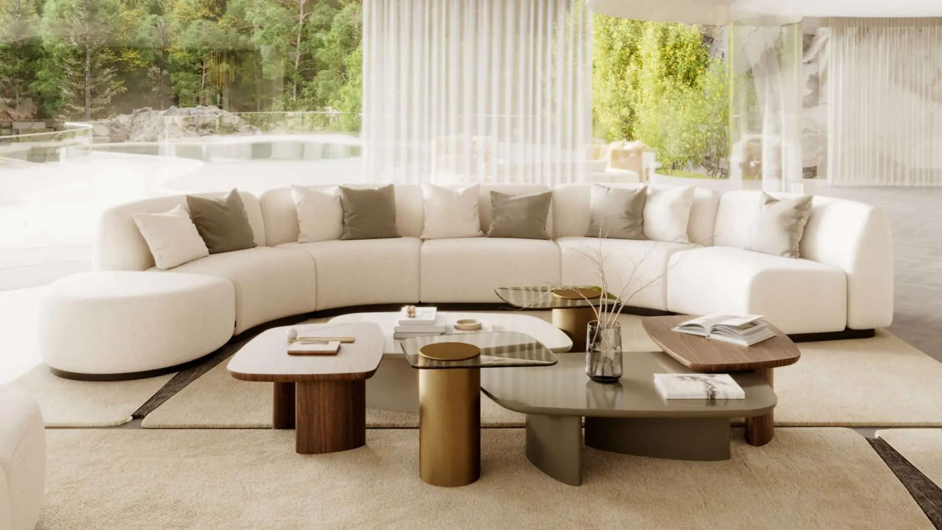 Un salotto moderno e lussuoso che vede protagonista il divano Stone, rivestito in morbida tonalità crema, abbinato al tavolino Dolomites dalle linee scultoree, il tutto all'interno di uno spazio con pareti in vetro affacciato su una rigogliosa vegetazione; un'elegante composizione che mette in risalto l'arredamento contemporaneo del salotto.