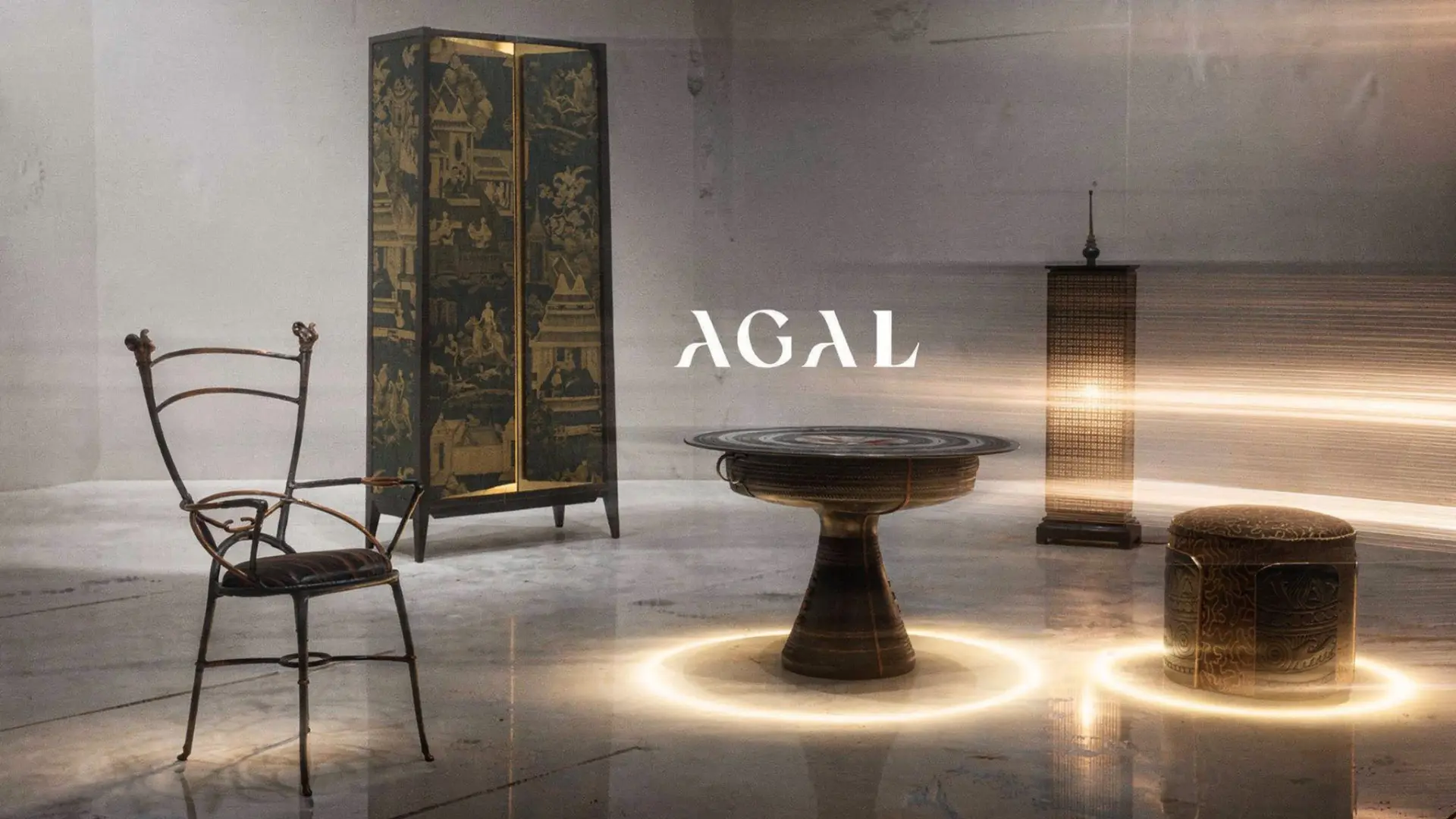 Brass Round Table, Brass Chair, Wooden cabinet with Jim Thompson Fabric