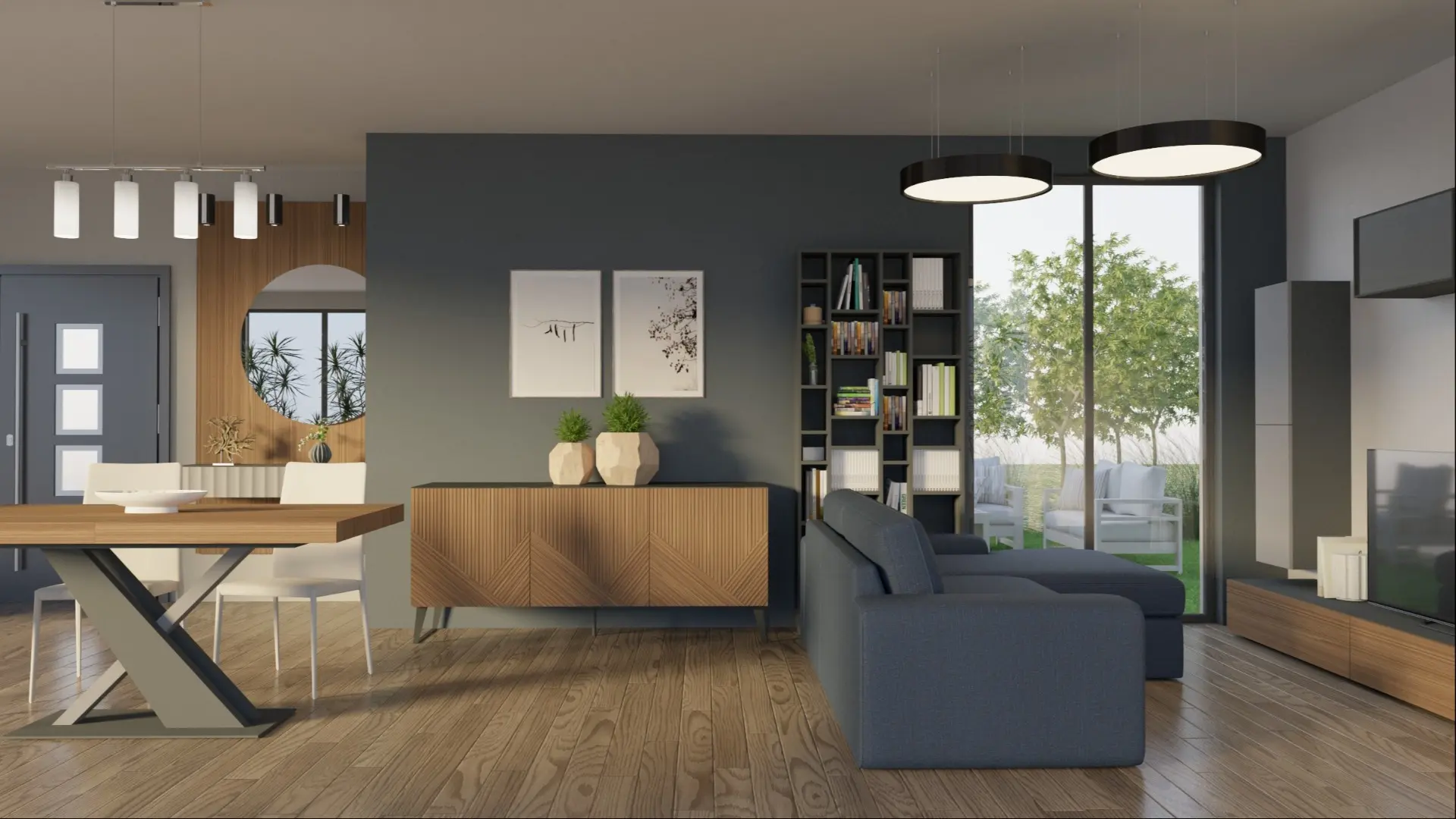 Ambiente giorno con madia, tavolo, soggiorno e ingresso