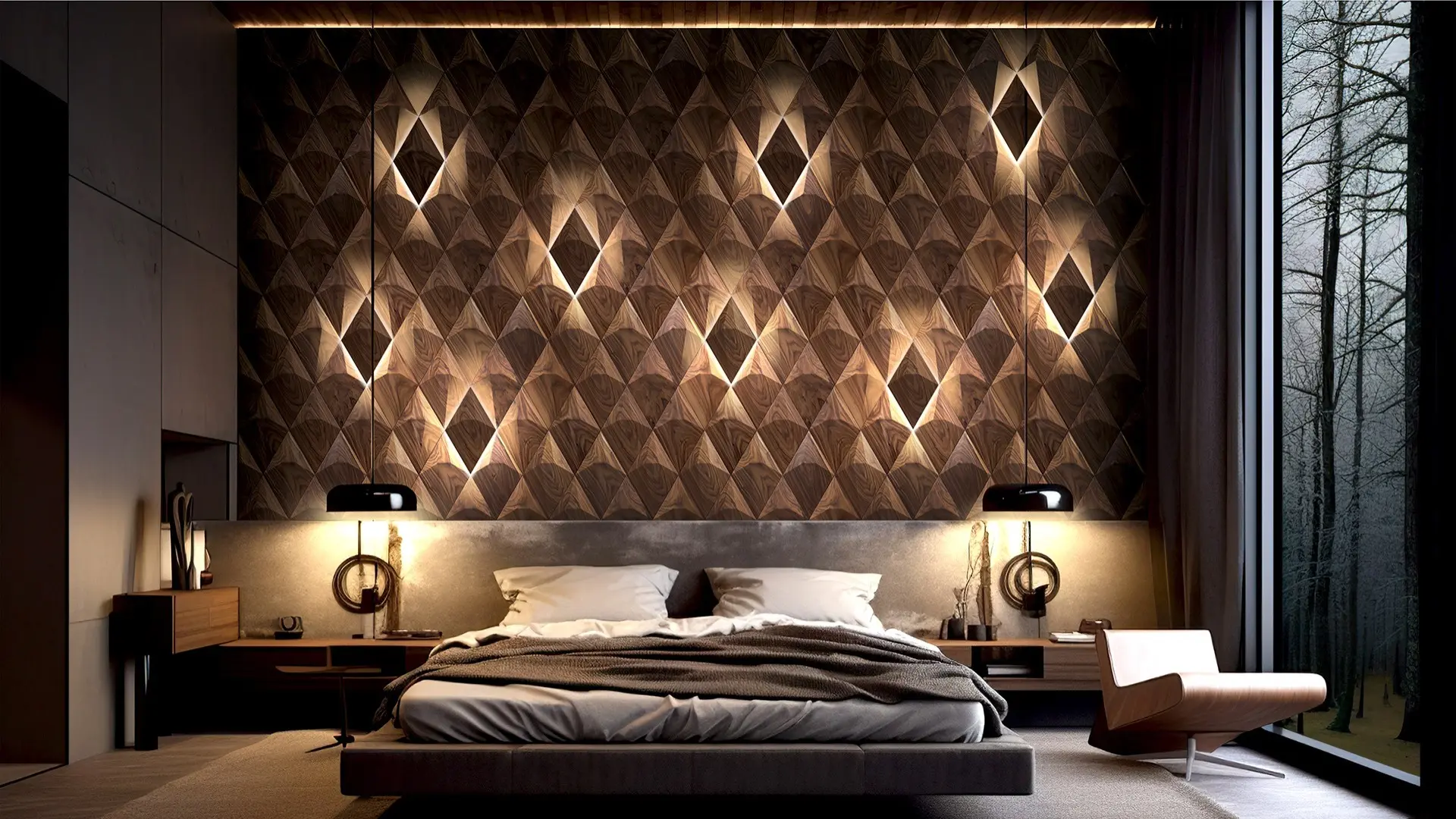 Luxury bedroom featuring 3D walnut wood diamond-shaped wall panels with integrated atmospheric accent lighting.