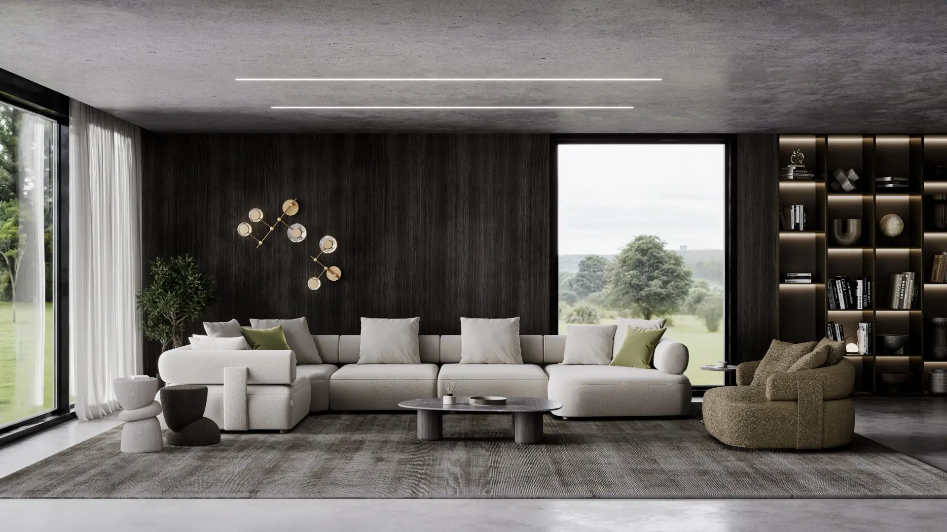 Modern, luxury living room featuring the GOYA modular sofa in light upholstery and the olive-green RAY armchair by Olta. The low-profile sofa with rounded contours is set against a dark, vertical-slatted wood wall. Beside it sits the textured RAY swivel chair. The interior is completed by a minimalist stone coffee table, sculptural wall lighting, and floor-to-ceiling windows overlooking a lush landscape.