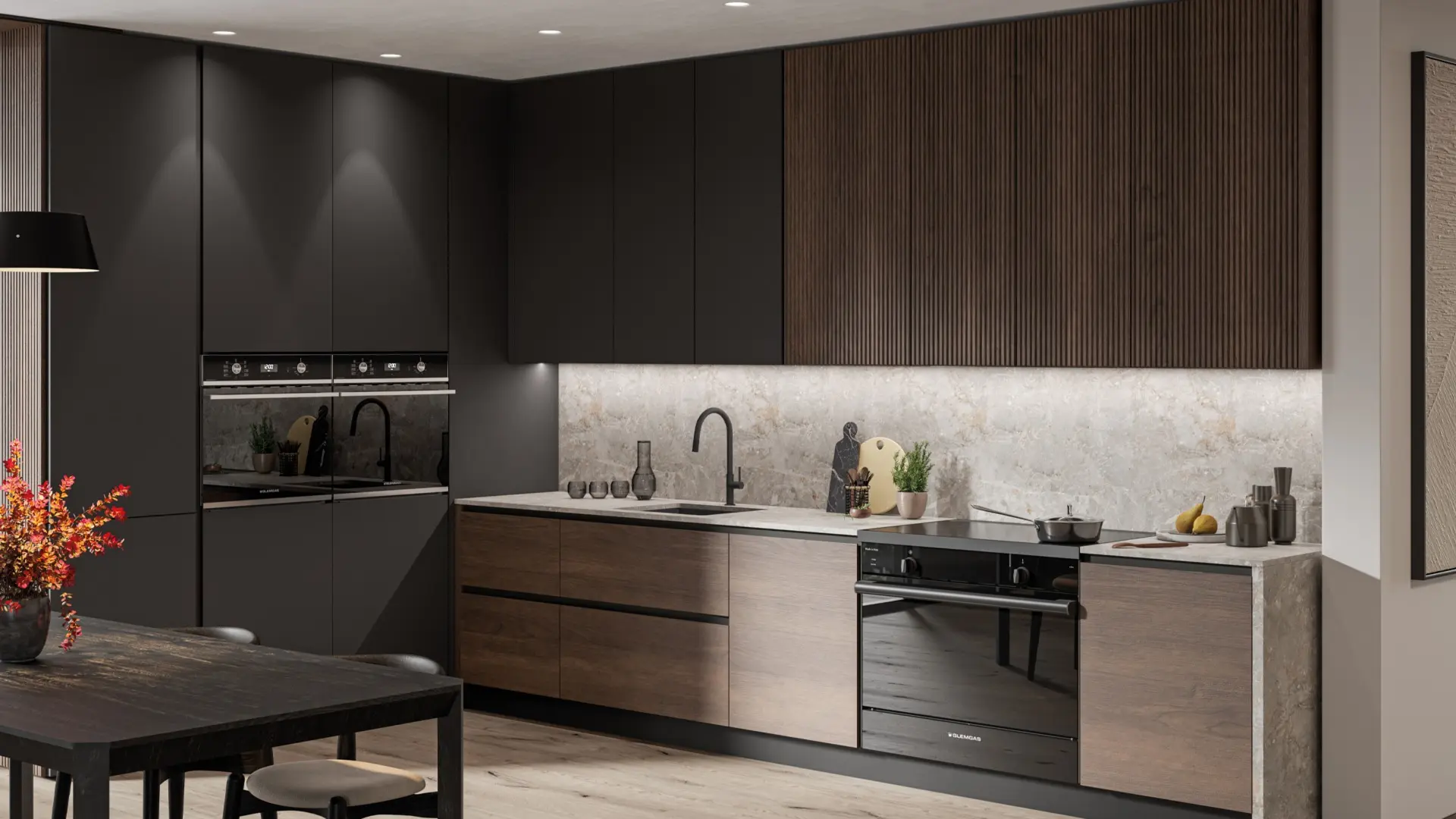 Cucina freestanding moderna da 90 cm a induzione dal design elegante ambientata in un piano di lavoro in pietra e mobili scuri con finiture in legno.