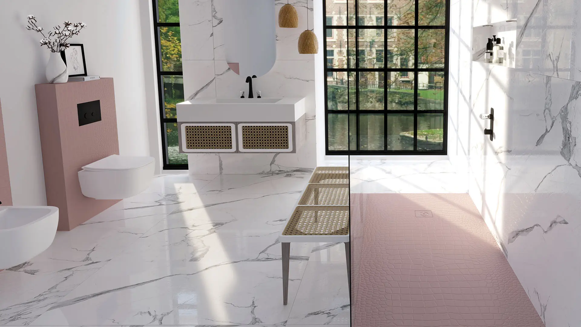 Piatto doccia Relief Plus in colore RAL 3015 e finitura Coccodrillo, abbinato con il Deco WC Tulip e il Deco Bidet Daisy nella stessa finitura e colore. In contrasto il piano con vasca integrata Frame XL in Bianco Puro e finitura Liscia.