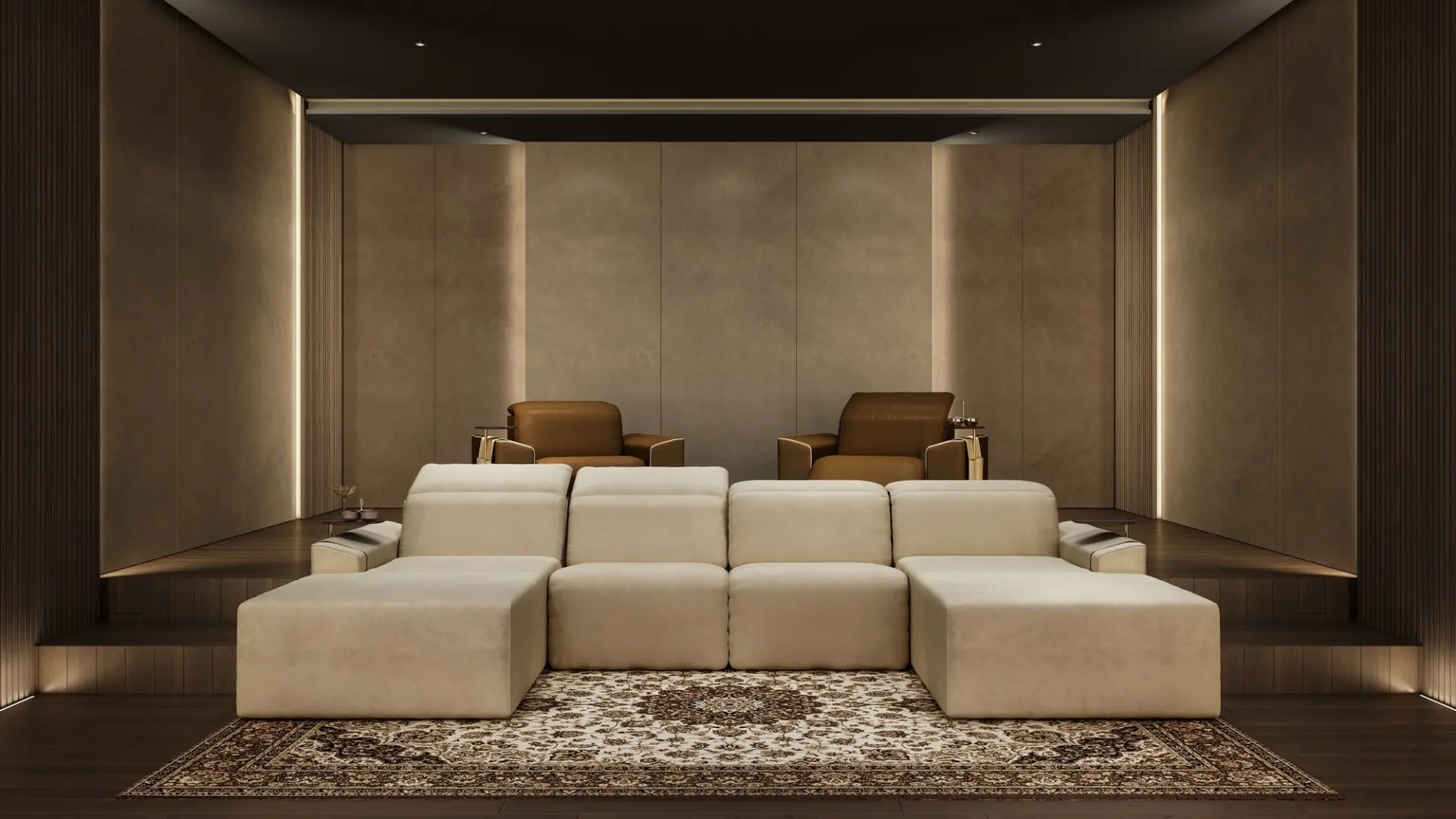 luxury home cinema with orange and red reclining cinema seating