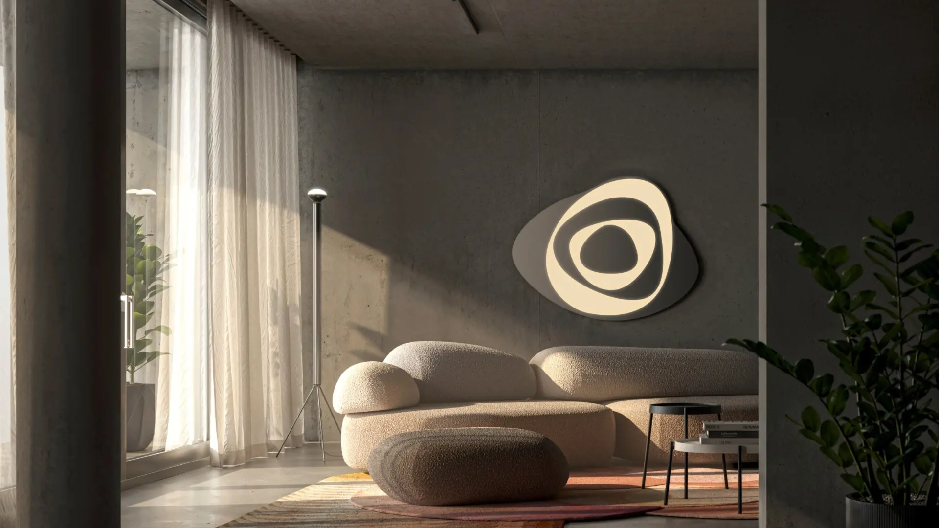 Specchio Flirt di Vanità Living con tecnologia Ghost posizionato sopra un divano di design