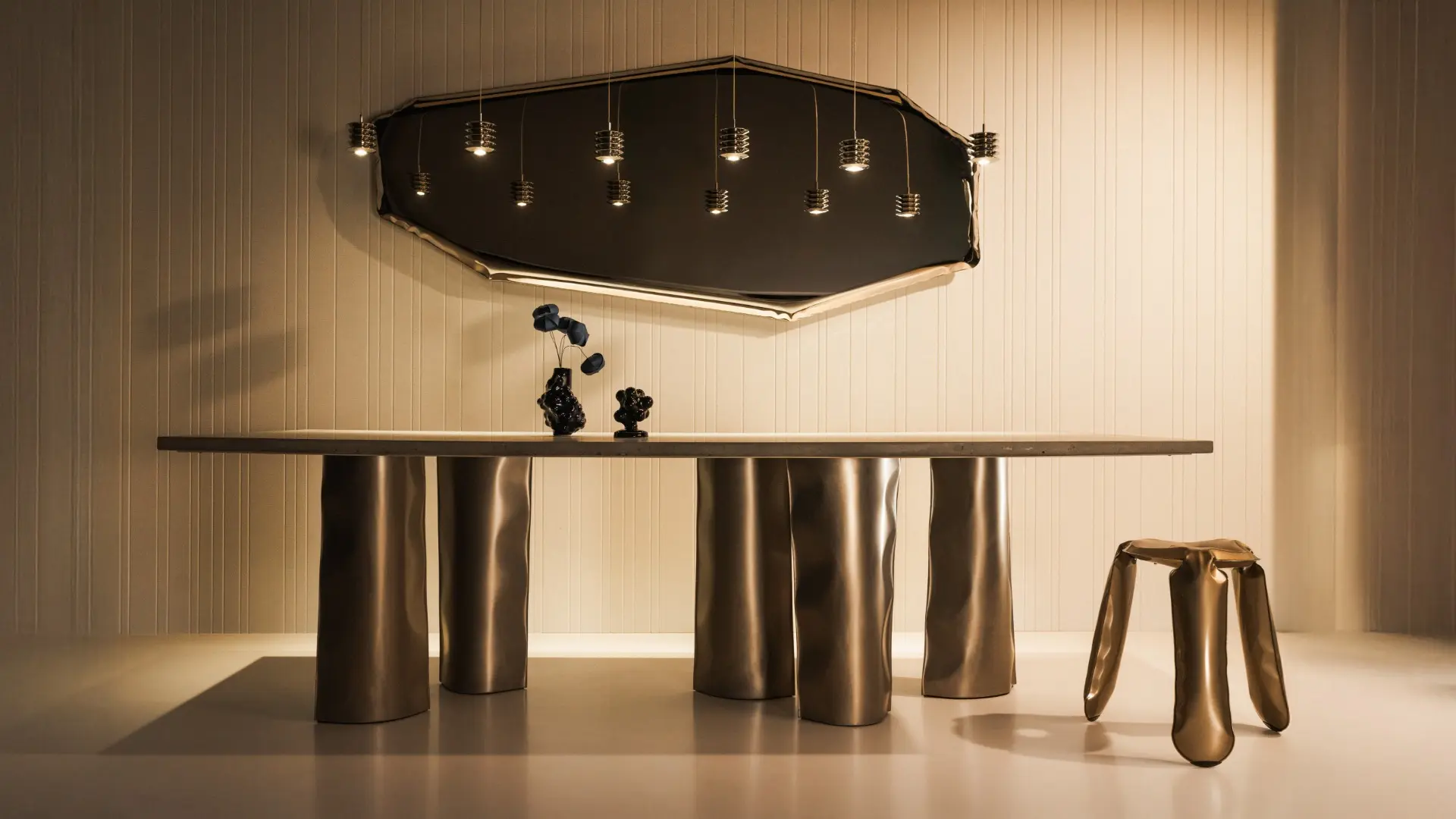 ZIETA Parova table, Plopp stool, and Tafla mirror with Harmonica lights in a minimalist interior.